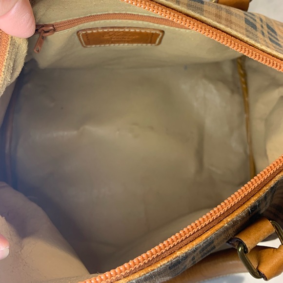 Kirino Collection plaid tan and navy leather bag roomy with inside pocket - Picture 4 of 16